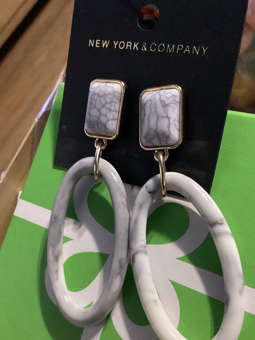 New York & Company Marble-Effect Gold Drop Hoop Earrings